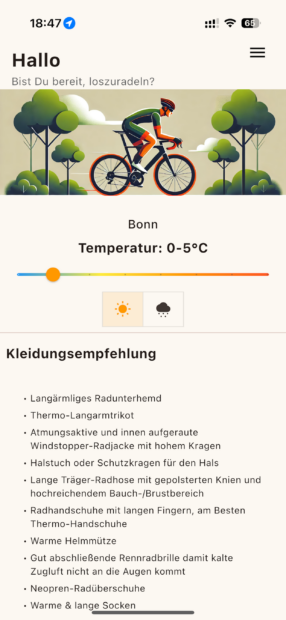 Beispielbild der App das die Einstellung der Wetterbedingungen erlaubt und dazu passende Kleidungsempfehlungen.